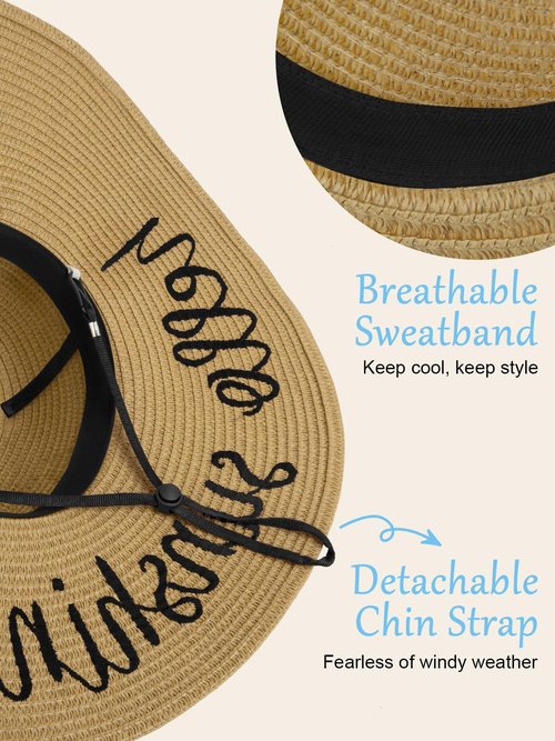 Senker Fashion Floppy Beach Hats for Women Straw Sun Hat Foldable Wide Brim Embroidered Roll up Summer Vacation Travel Khaki