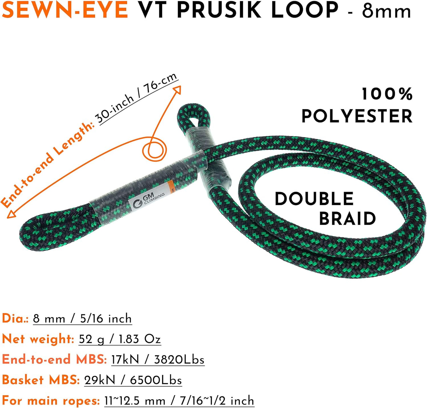 GM CLIMBING 8mm (5/16") Prusik Swen Eye-to-Eye Pre-Sewn 30 inch / 45 inch