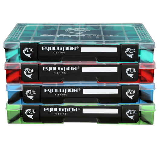Evolution Outdoor 3600 Drift Series QuikLatch Fishing Tackle Tray Multi Color 4 Pack – Green, Blue, Red, Seafoam Colored Tackle Box Organizer with Removable Compartments, Utility Box Storage