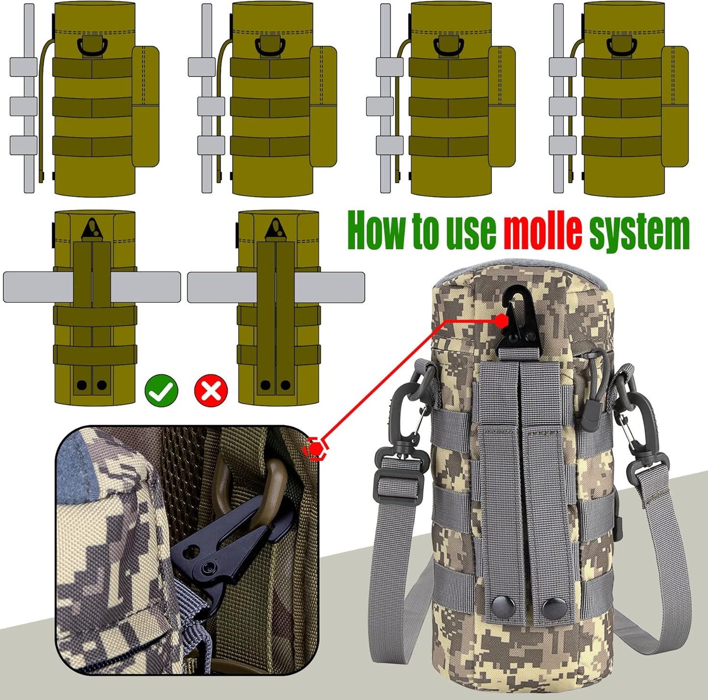 IronSeals Tactical Molle Water Bottle Holder Pouch Hydration Carrier Bag with Detachable Shoulder Strap