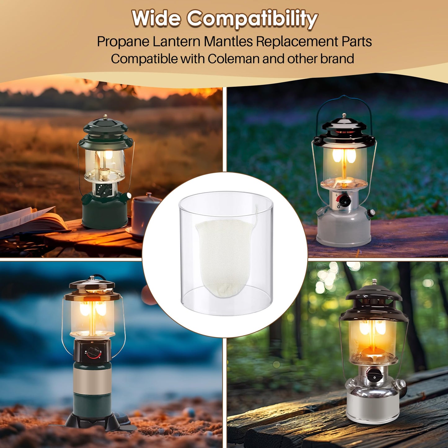 Ceoighe 11 Pcs Propane Lantern Mantles with Glass Replacement Globe, Standard Lantern Replacement Parts U Shape & Mantles, Camp Lamp Mantle Compatible with Coleman Fuel Lamp for Outdoor Camping