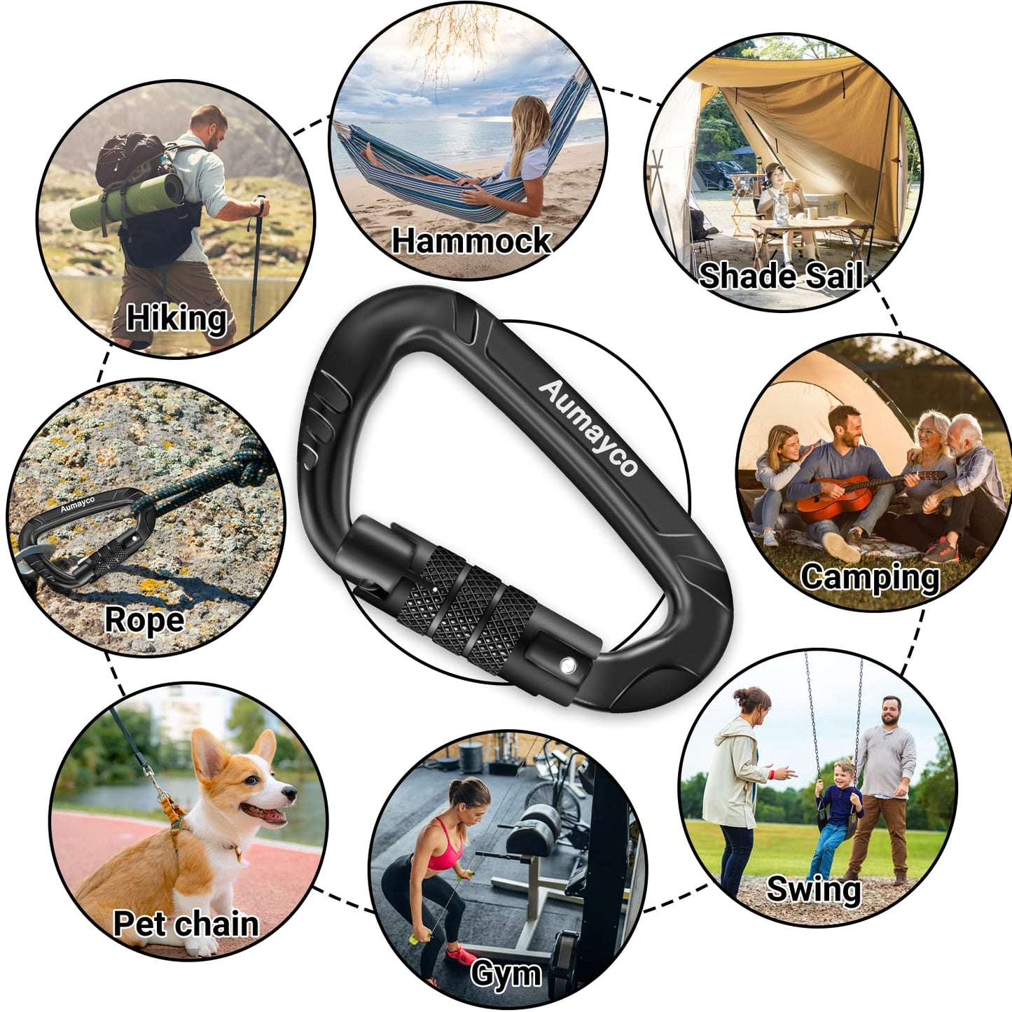 AUMAYCO Auto-Locking Carabiner Clips Black 2PC of 12KN (2697 lbs), Lightweight and Heavy Duty Carabiners for Outdoor, Hiking, Hammock, Swing, Gym, Keychains, Dog Leash and More