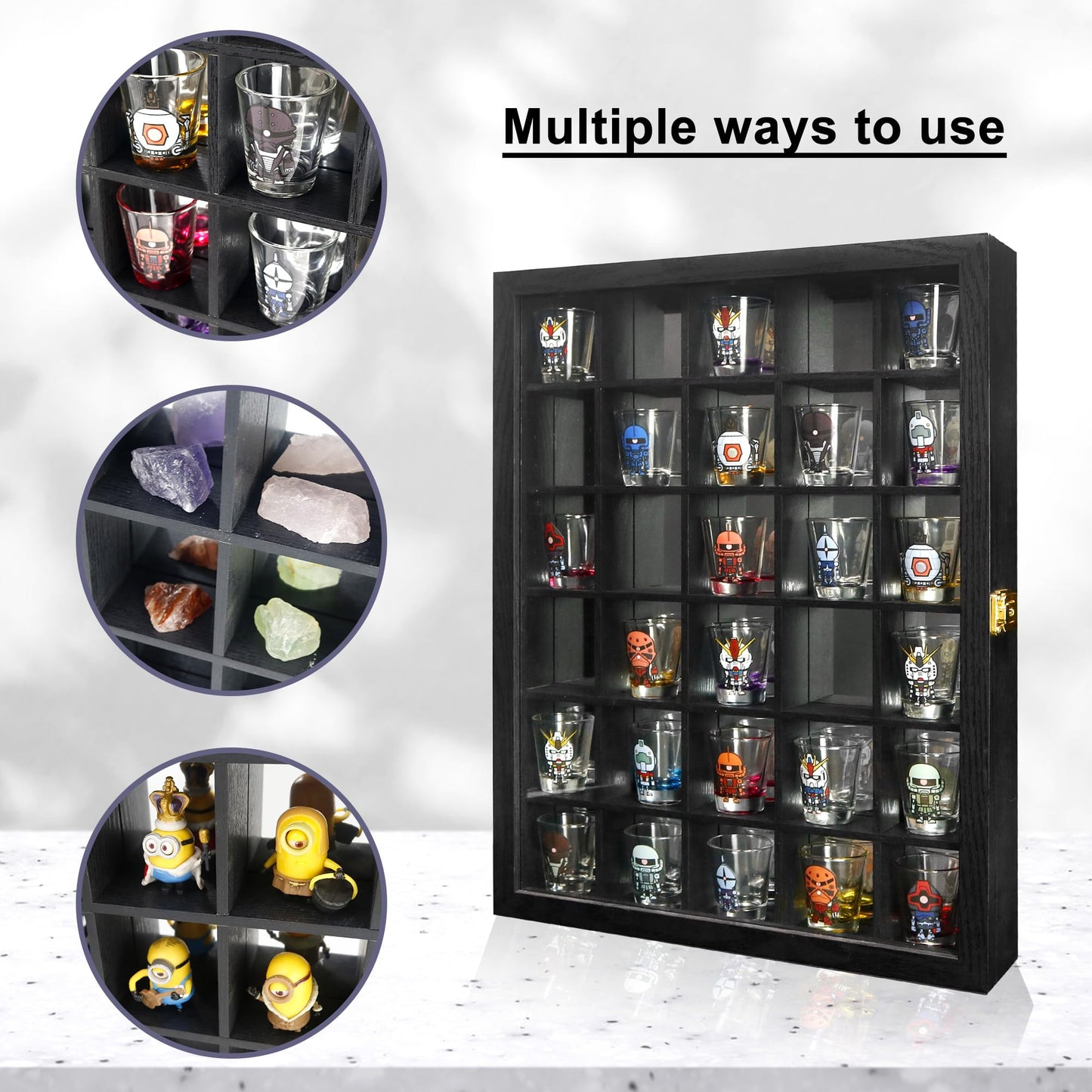 FramePro Black Shot Glass Display Case 30 Slots with Mirror Background Large Wooden Cabinet Rack Holder Mini Helmet Collection Wall Mounted Shadow Box Lockable with Tempered Glass Door 15.5*20 Inches