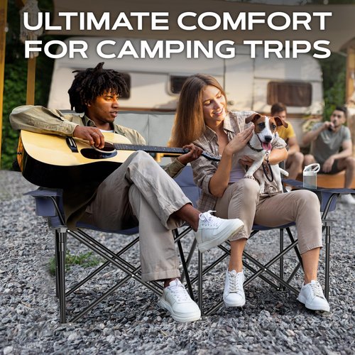 ZENTA GEAR Oversized Fully Padded Double Camping Chair, Portable Folding Loveseat w/Side & Back Pockets, Adjustable Armrests, Double-Sized Cup Holders for Outdoor, Indoor, Supports 530LBS (Dark Navy)