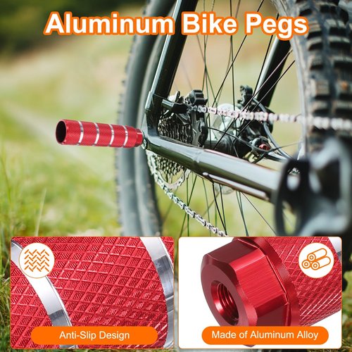 HARFINGTON 2 Pairs Bike Pegs Aluminum Alloy Rear Stunt Pegs Anti-Skid Stripe Back Seat Stands Fit 3/8" Axles for Mountain Bike, Red & Silver
