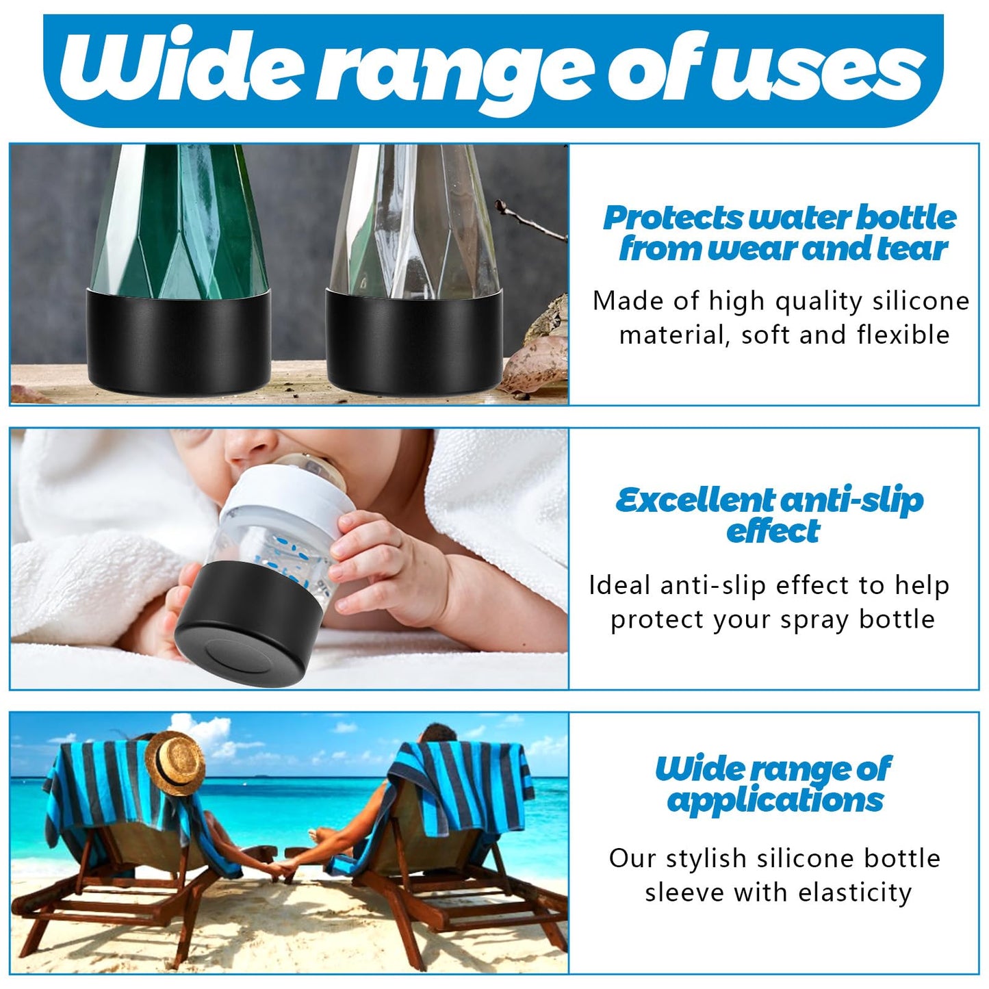 HOFURME 8 Pieces Protective Silicone Sleeve Bottom, Washable Rubber Bottom Base Accessories, Silicone Sleeve For Glass Bottle For 16 Oz Spray Bottles, 12 To 24 Oz Water Bottles(Black)