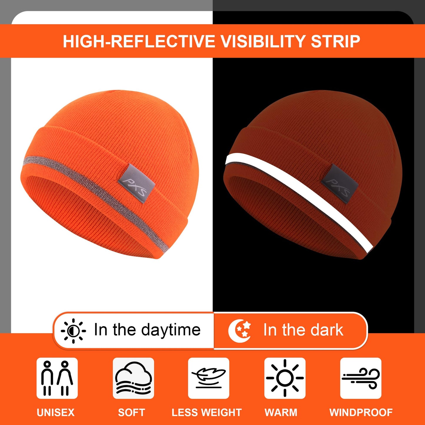 ProtectX 2 Pack Reflective Beanie Hat for Men Women Winter High Visibility Knit Safety Beanie Warm Headwear for Work Runing, Orange & Black