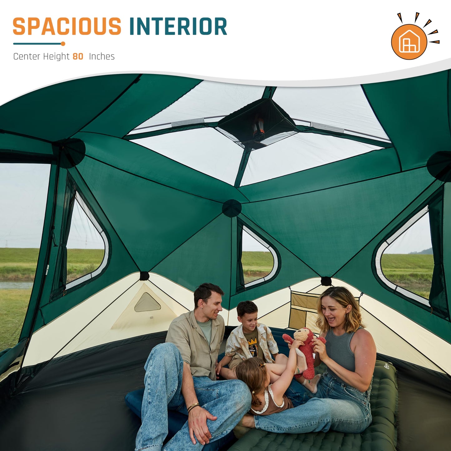 4 Person Instant Pop up Tent, Easy 60 Second Setup Family Tents for Camping, Camping Hub Tent, 2 D-Shaped Doors & 4 Mesh Windows, Spacious Interior, Upgraded Ventilation