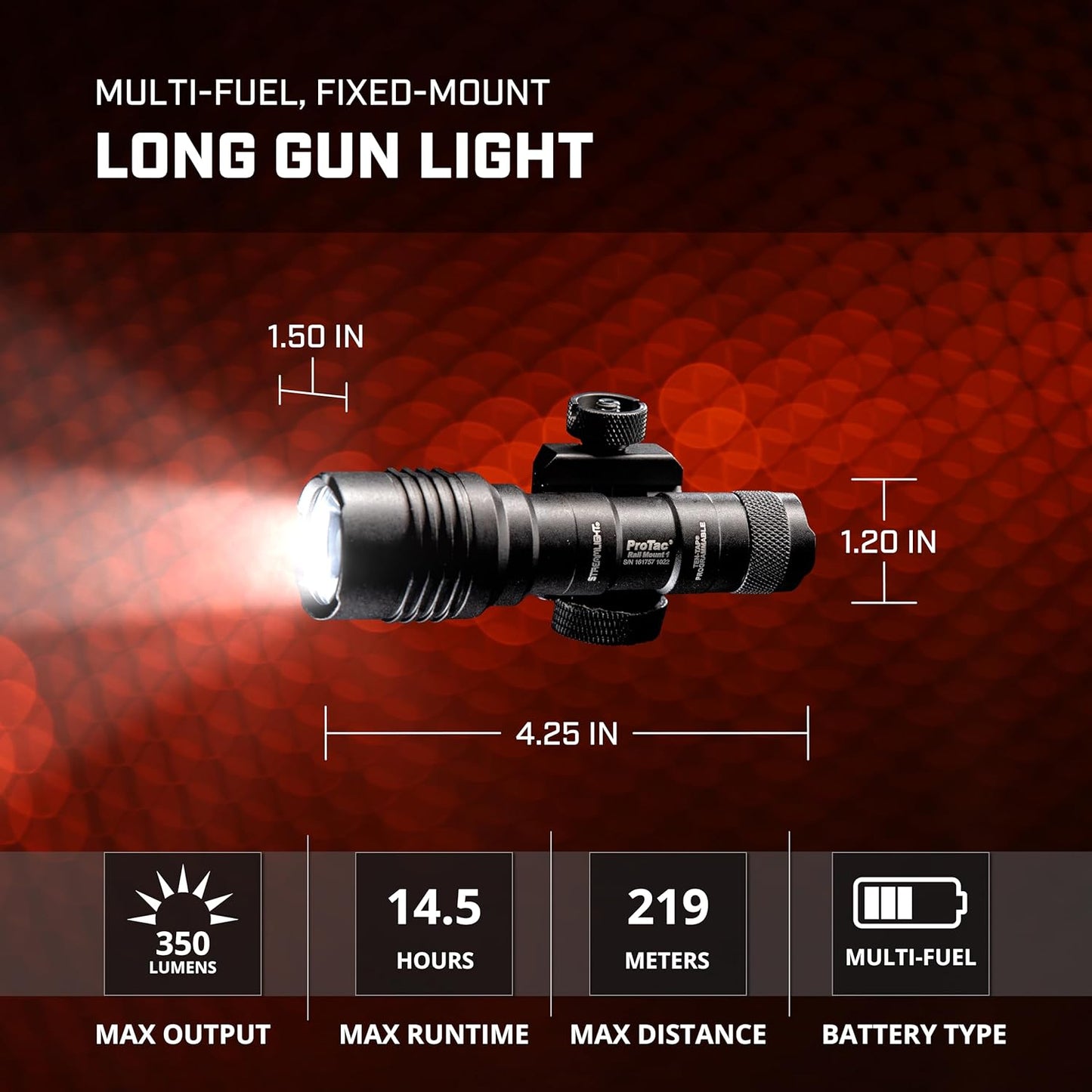 Streamlight 88058 ProTac Rail Mount 1 350-Lumen Multi-Fuel Weapon Light with CR123A Batteries and Remote Pressure Switch, Tail Switch, Clips, Black, Box