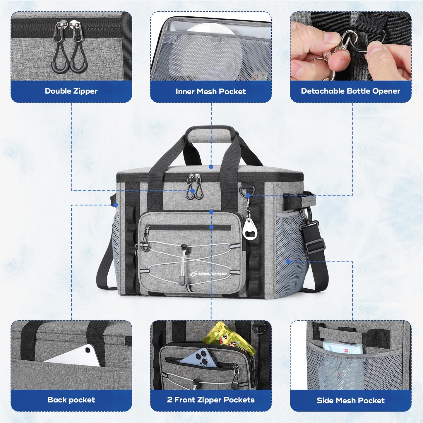 Maelstrom Soft Sided Cooler Bag,30 Can Collapsible Insulated Ice Chest – Large Leakproof, Portable for Camping, Kayaking & Beach, Gray