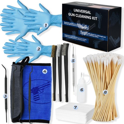 Gun Cleaning Supplies Kit - Handgun Cleaning Kit Incl. Cloth Brush Swabs Picks Wipes Oiler and Patches - Universal Gun Cleaning Kit 9mm, Pistol, Glock, Rifle - Gun Cleaner Kits for All Guns Tool Kit