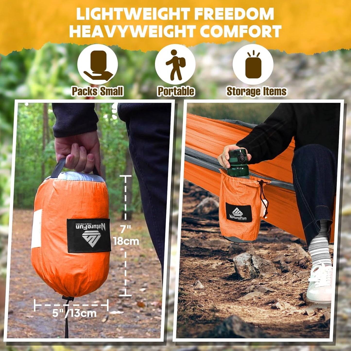 NATUREFUN Ultra-Light Travel Camping Hammock | 300kg Load Capacity,Breathable,Quick-Drying | 2 x Premium Carabiners,2 x Nylon Slings Included | Outdoor Indoor Garden