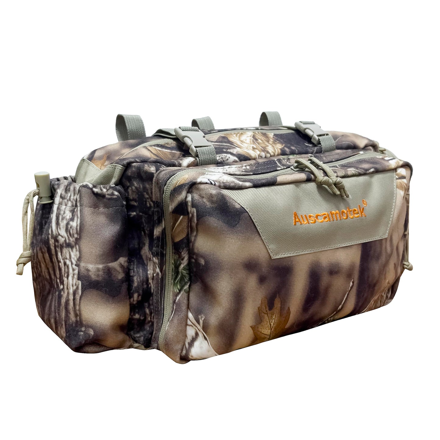 AUSCAMOTEK Camouflage Hanging Bag for Treestand Platform Saddle Hunting – Camo Fanny Pack for Hunting Accessories and Storage with Expandable Compartments and Water Holder