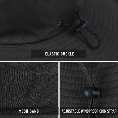 Koreshion Men Sun Hat UV UPF Wide Brim Summer Hat Waterproof Breathable Fishing Hat Adjustable Foldable Boonie Cap Outdoor Beach Hiking Safari Golf Black