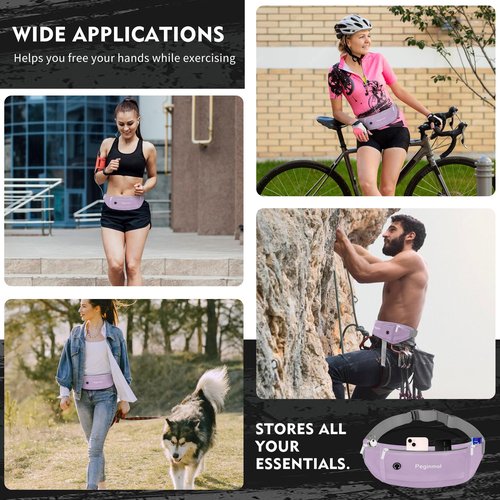 Peginmol Slim Running Belt Fanny Pack, Waist Pack Bag for Women Men, Running Pouch for Phone Waterproof Reflective with 3 Pouches, Running Phone Holder for Sports, Traveling (Purple)