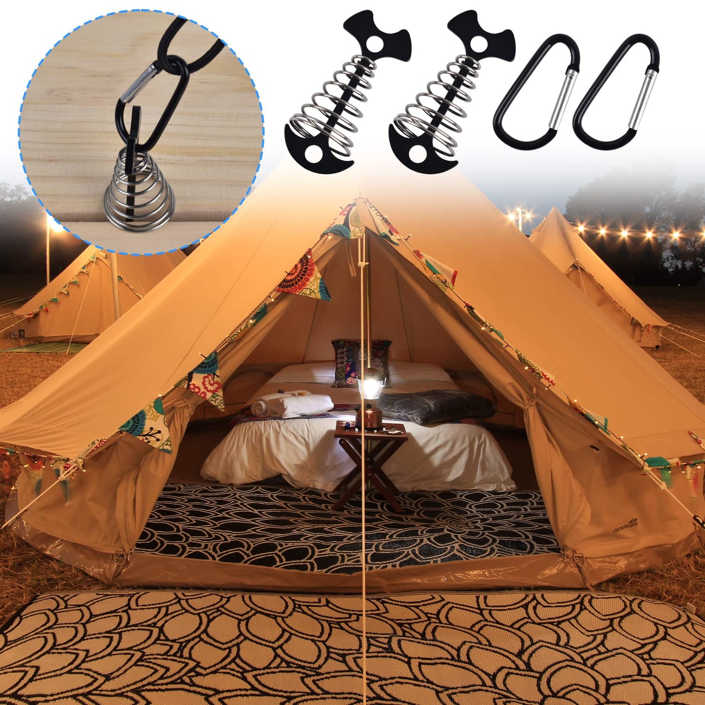 6Pcs Aluminium Alloy Fishbone Deck Anchors with Carabiners, Windproof Deck Anchor Pegs Tie Down Tent Stakes with Spring Buckle, Adjuster Tensioner Set for Furniture Camping Hiking (Black)