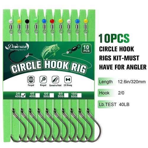 Dovesun 10PCS Circle Hooks Rigs Pre-Rigged Catfish Rig for Saltwater Freshwater Fishing Hooks for Catfish 2/0