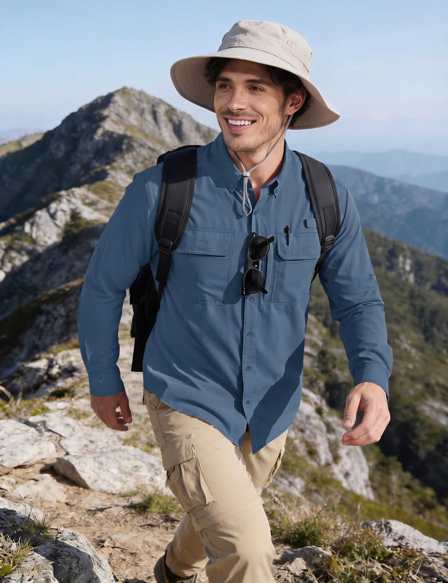 MAGCOMSEN Mens Long Sleeve Button Down Shirts UV Sun Protection Quick Dry Fishing Shirts Button Up Work Hiking Camping Shirts Blue Grey L