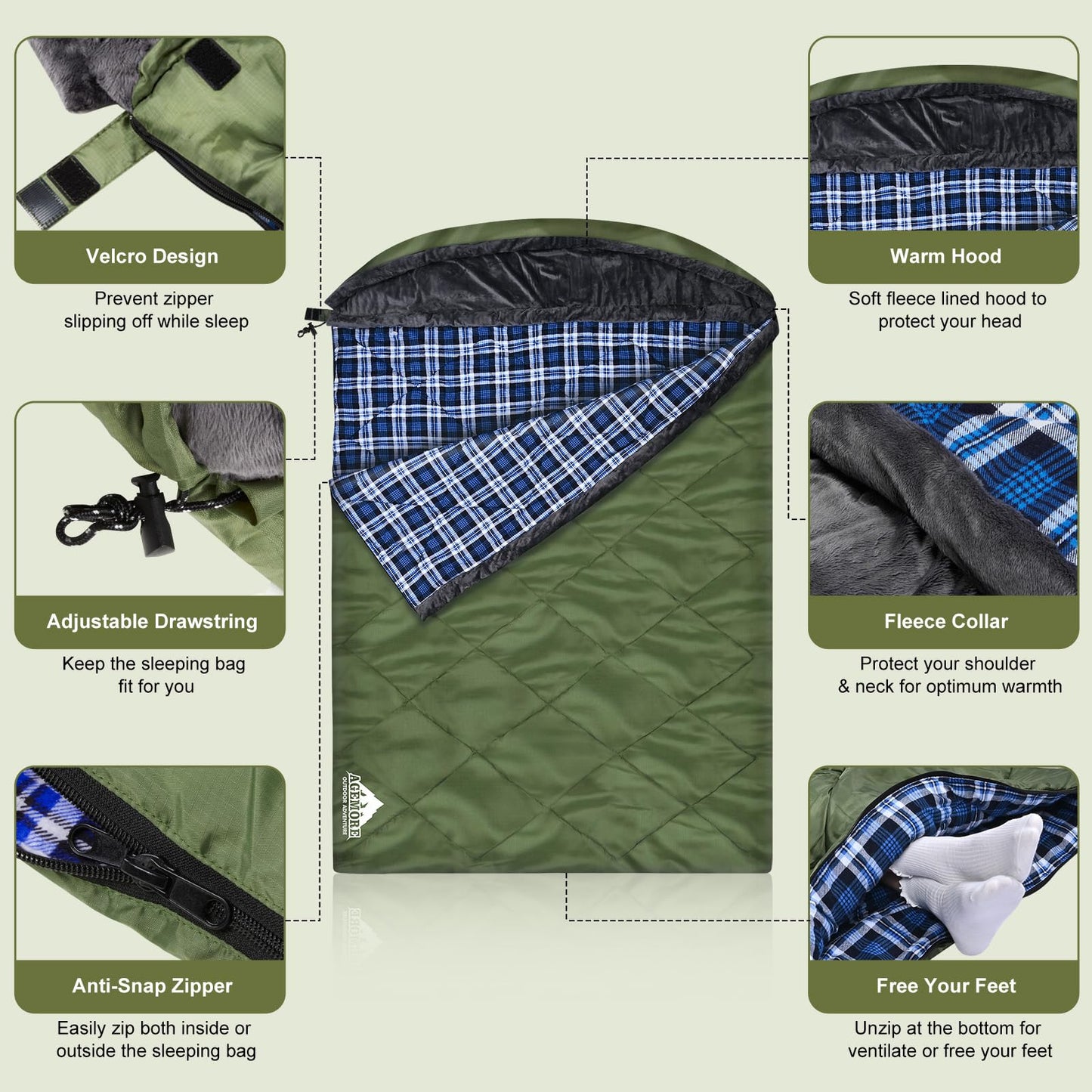 AGEMORE Cotton Flannel Double Sleeping Bag with Fleece Lined Hood, Waterproof Queen Size 2 Person Sleeping Bag for Adults Cold Weather Camping Backpacking or Hiking, 3-4season