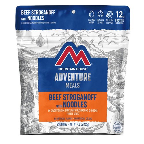 Mountain House Veggie Chorizo Breakfast Scramble 2-Servings & Beef Stroganoff with Noodles 2 Servings Freeze-Dried Backpacking & Camping Food Bundle