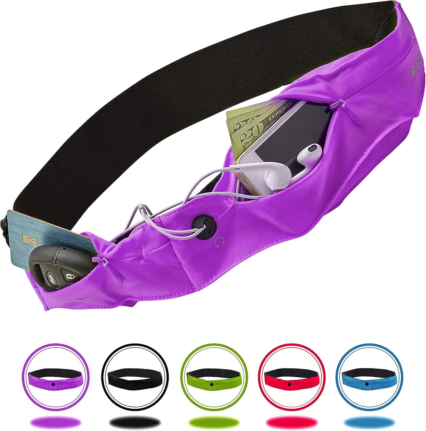 Athlé Running Belt for Exercise and Travel - Two Stretch Pockets Fit Most Phones, Wallet, Cards and More - Key Clip, Earphone Jack, Adjustable Waist Strap