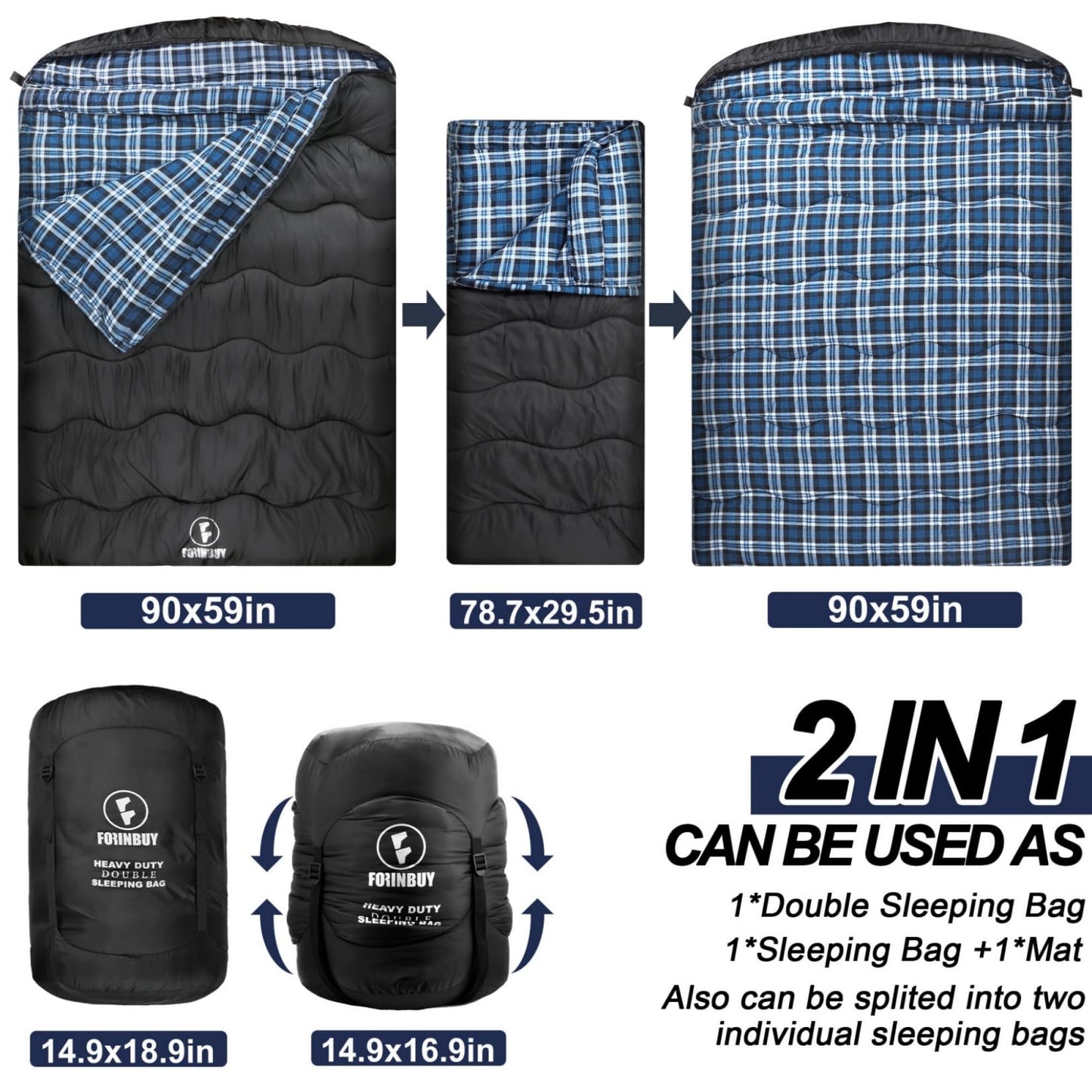 FORINBUY 0 Degree Flannel Double Sleeping Bag for Adults, Couples or Family - Winter Queen Size Waterproof & Warm 2-Person Sleeping Bag for Cold Weather Camping, RV Travel