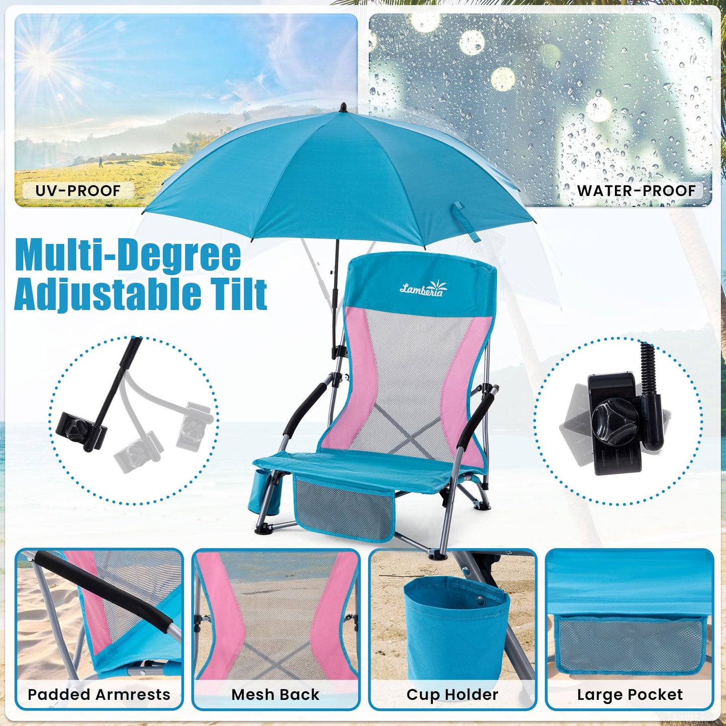 Folding Beach Chair with Umbrella for Adults, 2 Pack Portable Low Beach Chairs with 300lbs Capacity, Lightweight Fodable Camping Chair for Travel, Picnic, Concert & Outdoor Activities, Blue-Pink