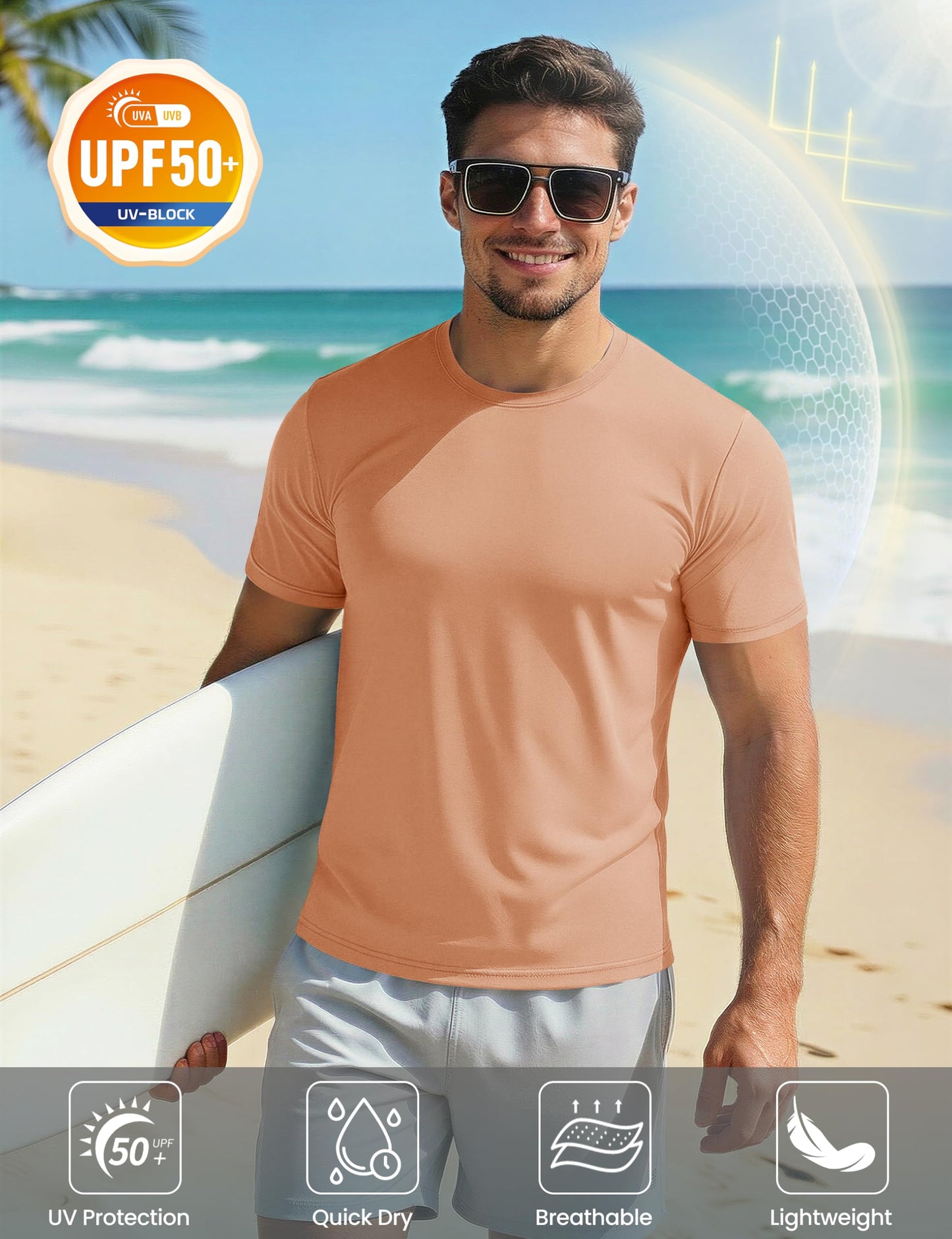 Mens Short Sleeve T Shirts Dry Fit Shirts Summer T Shirts UV Protection UPF 50 Shirts Athletic Active T-Shirt Apricot S