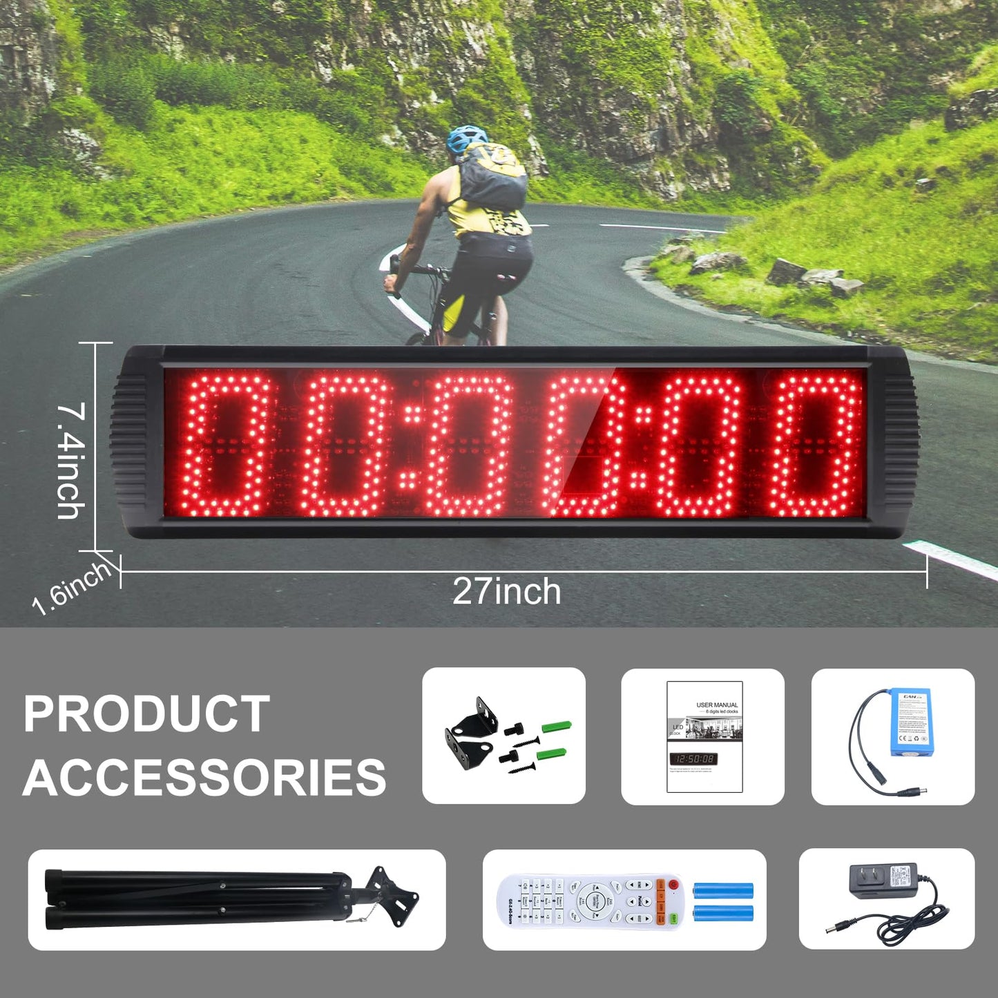 GAN XIN Large LED Display Digital Race Timer with Battery,Function-Countdown/Up/Time Clock, Remote Control, Tripod Stand and Adjustable Brightness for Sports Events, Races, Meetings, Presentations