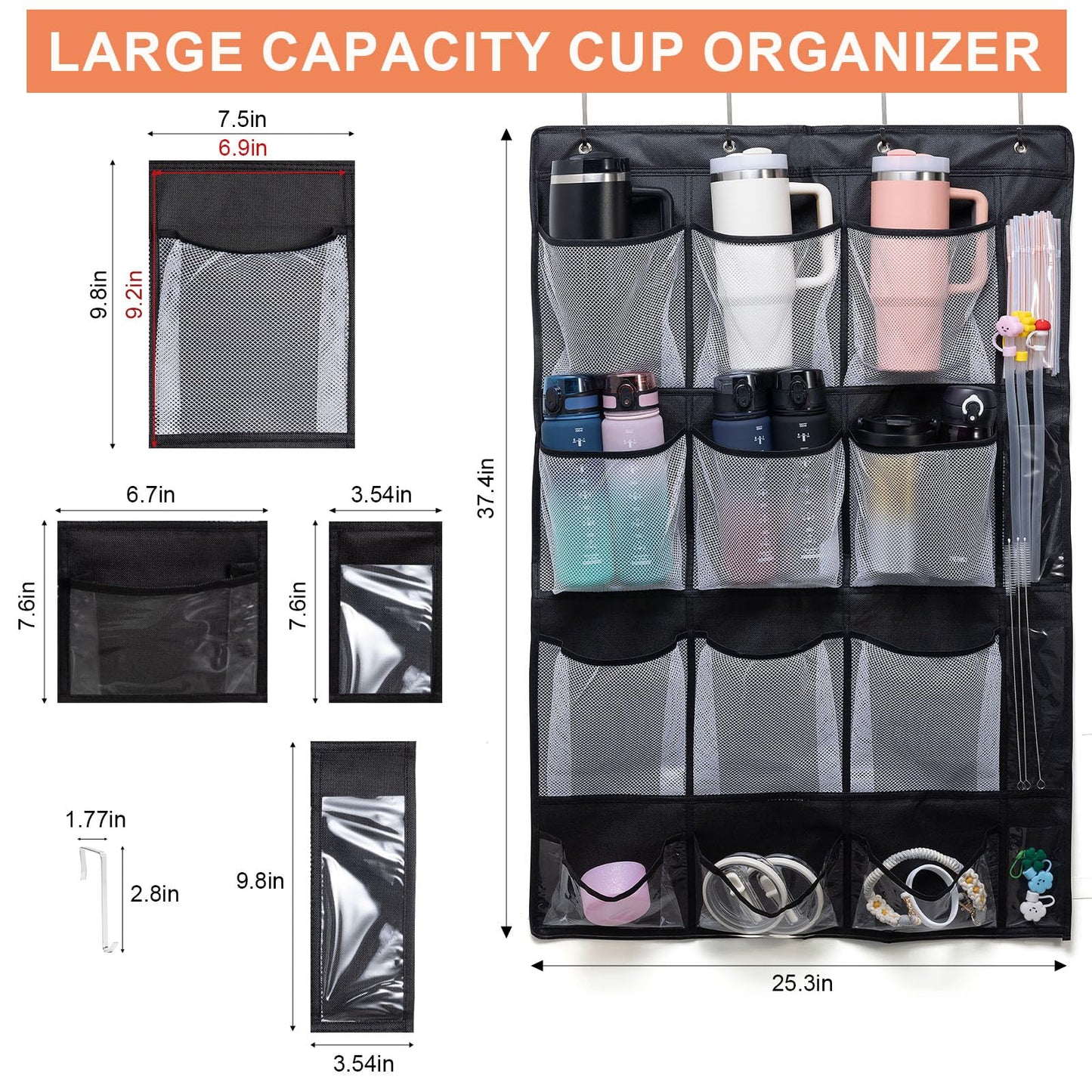 JUQINME Water Bottle Organizer for Stanley Cup, 9 Large Capacity Pockets Water Bottle Holder for Stanley 40oz Tumbler Hanging Bag Over the Door for Stanley Cup Accessories Lids Kitchen Cabinet Pantry