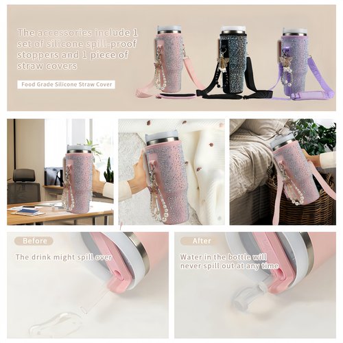 Water Bottle Carrier Bag for 40oz Tumbler - Cup Belt Bag with Adjustable Strap, Straw Cover & Pearl Bracelet - Cup Accessories(Pink Diamond Pro)