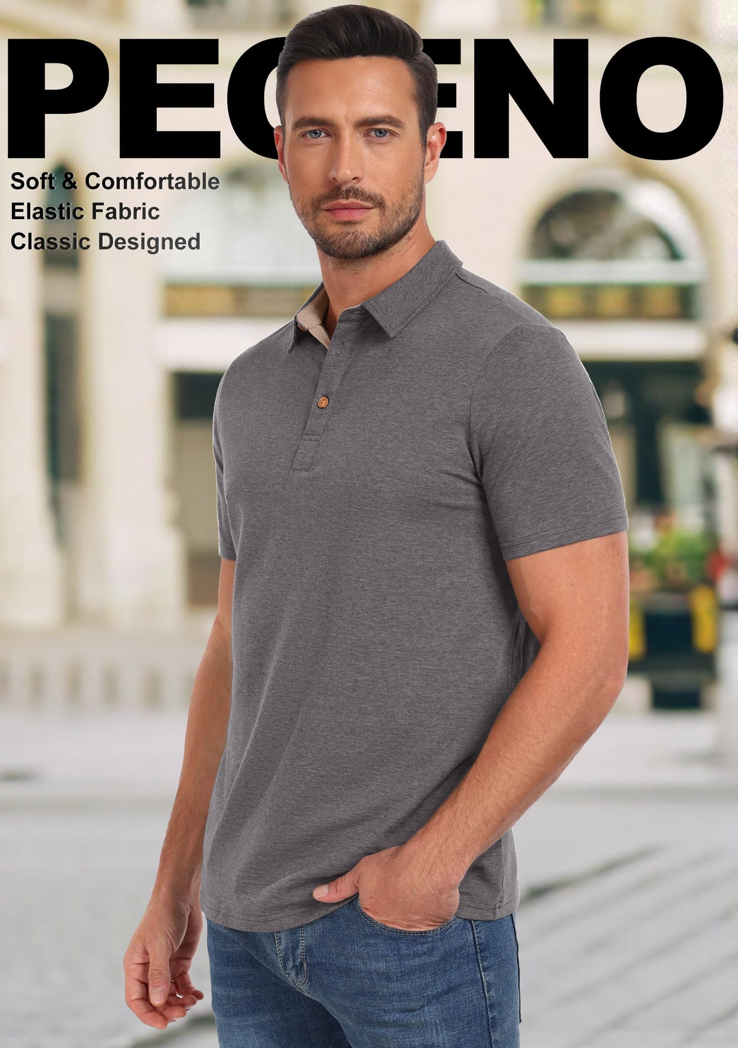 PEGENO Mens Polo Short Sleeve Shirt Designed Collared Polo Shirt Fashion Casual Shirts (Dark Gray-US Large)