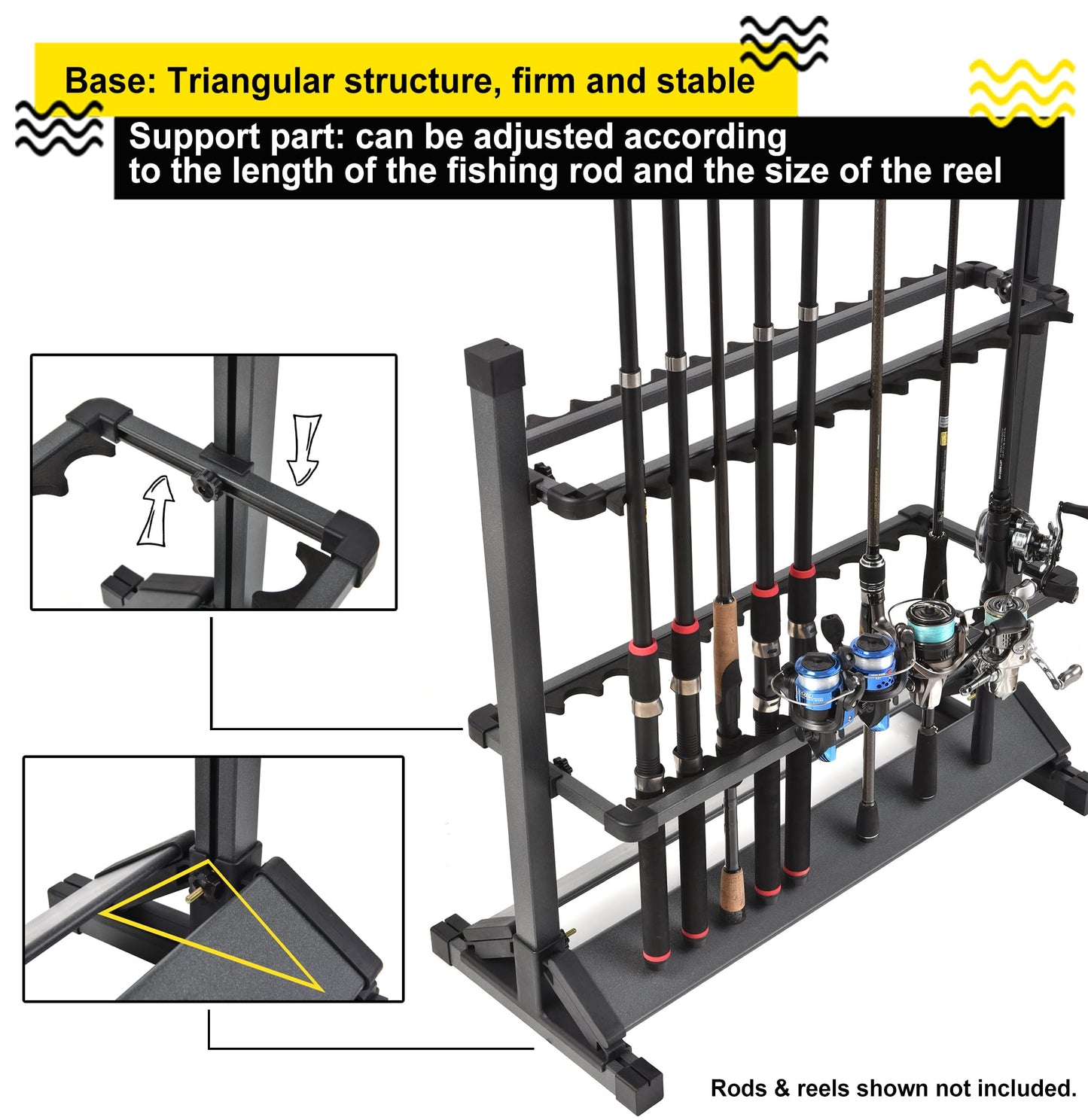 Jorazor Fishing Rod Holders,Fishing Pole Holders,Fishing Rod Rack,24 Slots to Hold Rods & Reel Combo,Lightweight Aluminum Vertical Fish Pole Garage Storage Ground Display Stand (Black)