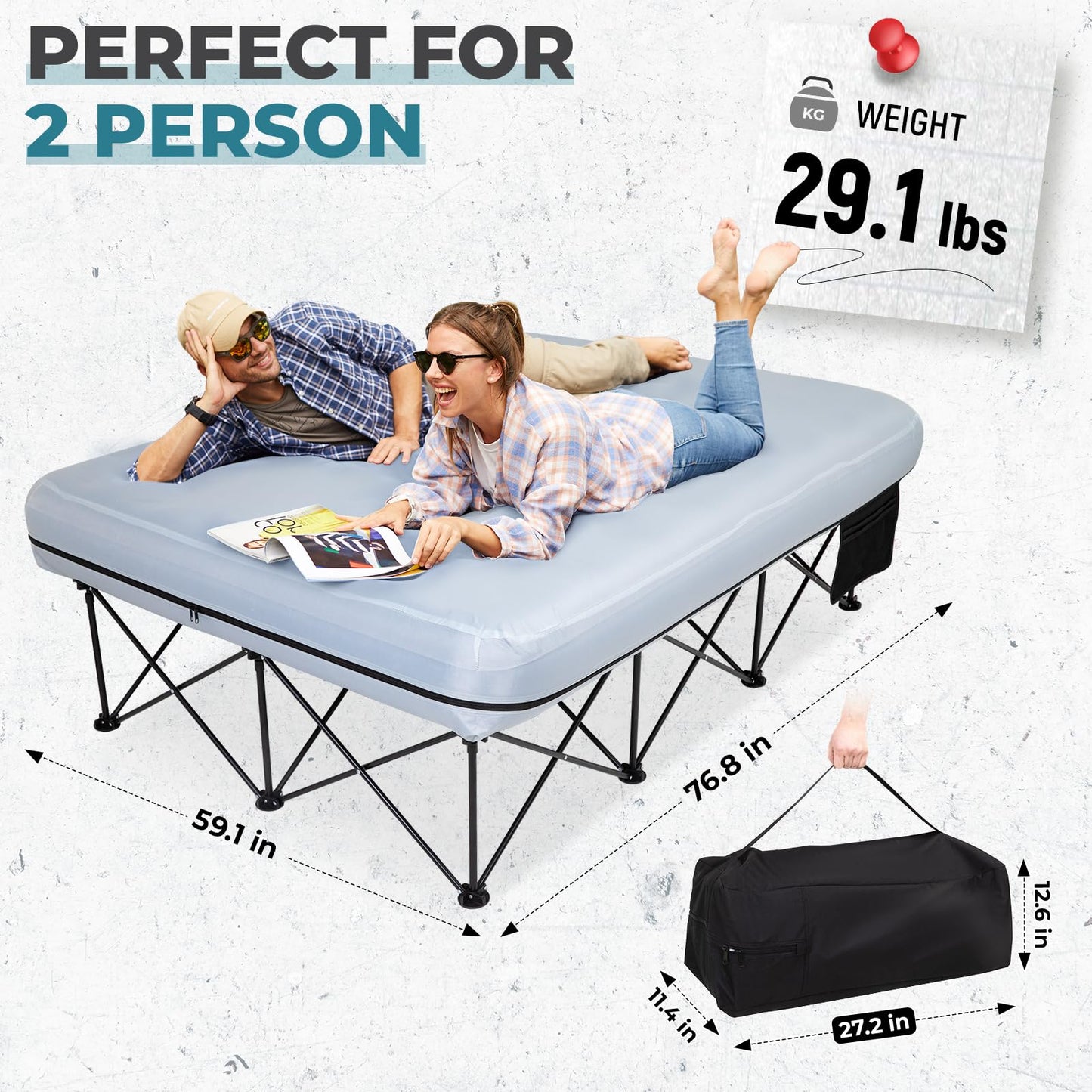 FUNDANGO 2 Person Cot Queen Size, Folding Airbed Mattress, Double Camp Bed with 2 Cup Holders, Removeable Cover for Adults Outdoor Travel,Carry Bag Included (Grey)