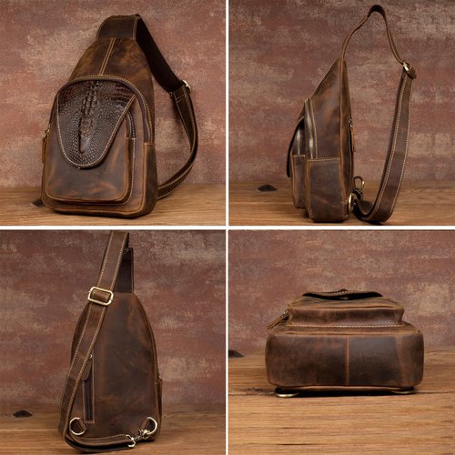 Myunxui Genuine Leather Sling Bag for Men Women Backpack Chest Shoulder Satchel Crossbody Bags Casual Outdoor Daypack Deep Brown