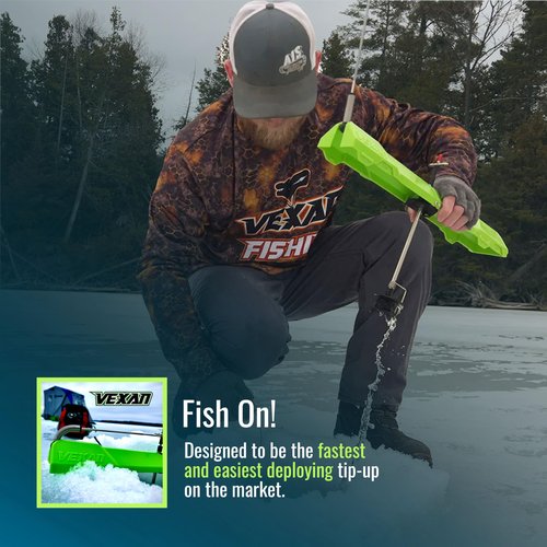 Vexan Ice Fishing Tip Up - High Visibility Green Tip Ups Ice Fishing w/Reflective Strike Indicator Flag - 18" Max Span, Easy-Deploy Ice Fishing Tip Up Hardware - Essential Ice Fishing Gear (3-Pack)