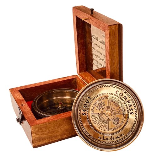 Scout Compass Gift Boys - Engraved Scout Oath Compass in Wood Box Scout Always Prepared Camping Orienteering Compass, Hiking Backpacking Compass Gift, 50 Year calander (#1 Scout Compass w Lid)