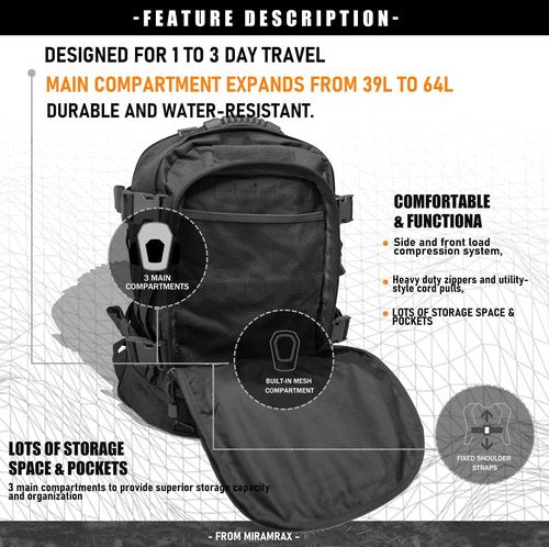 Miramrax Tactical Backpack Military Hiking Daypack - Molle Backpack for Men 3 Day Assault Pack Bug Out Bag for Camping Travel Army Hunting Gym Rucksack Survival (Black)