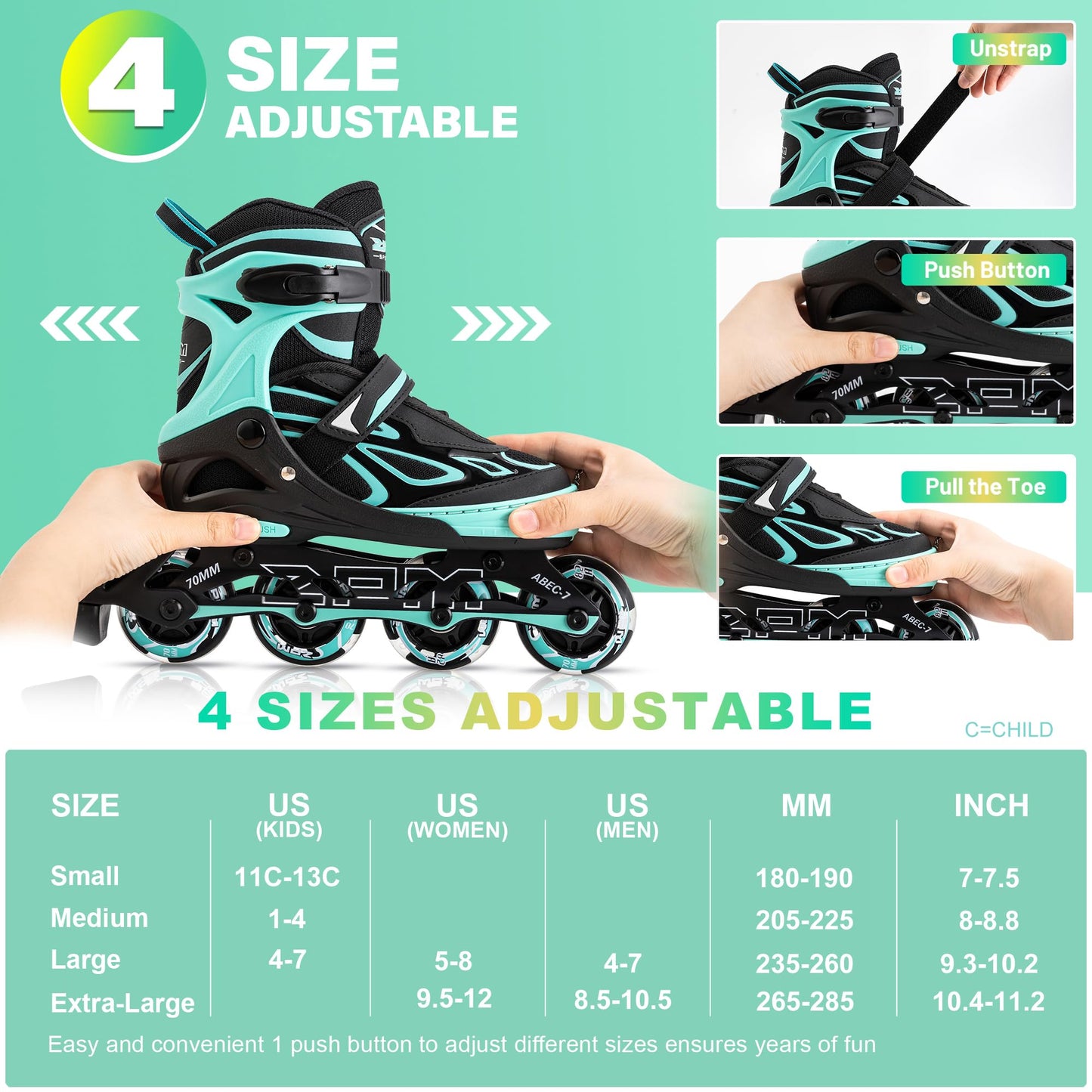 2PM SPORTS Vinal Girls Adjustable Flashing Inline Skates, All Wheels Light Up, Fun Illuminating Skates for Kids Women and Men - Mint Small