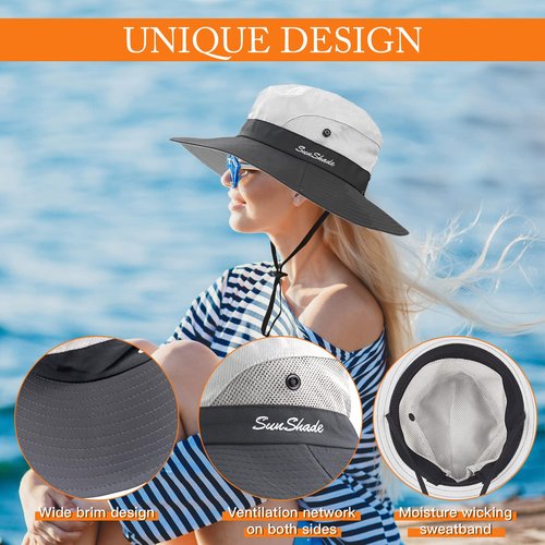 Sun Hats for Women Beach Hat Ponytail Hat Womens Sun Hat with UV Protection Wide Brim Light Grey