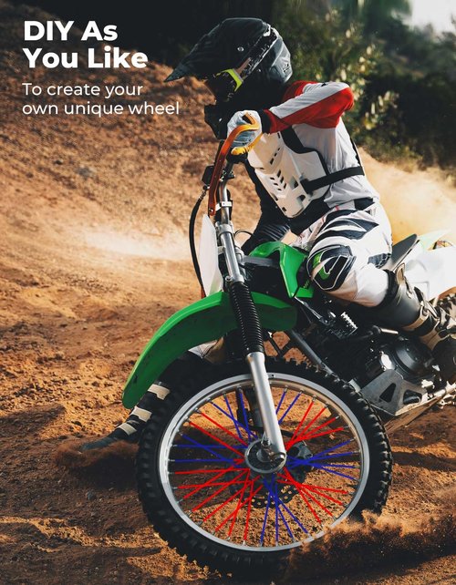 KEMIMOTO Dirt Bike Spoke Covers 72Pcs, Universal Pipe Trim for 8"-21" Wheels, Spoke Rims Wraps for Dirt Bike, Motocross, Bike, Bicycle, Wheelchair, Motorcycle Decoration Protector (Red and Blue)