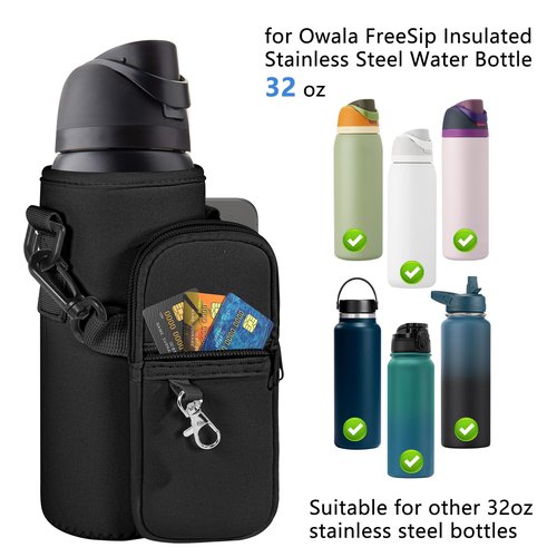 Icesip Water Bottle Carrier Bag with Strap for Owala FreeSip 32oz with Detachable Phone Pocket for Owala Accessories 32oz Water Bottle Sleeve for Walking Camping Gym Black