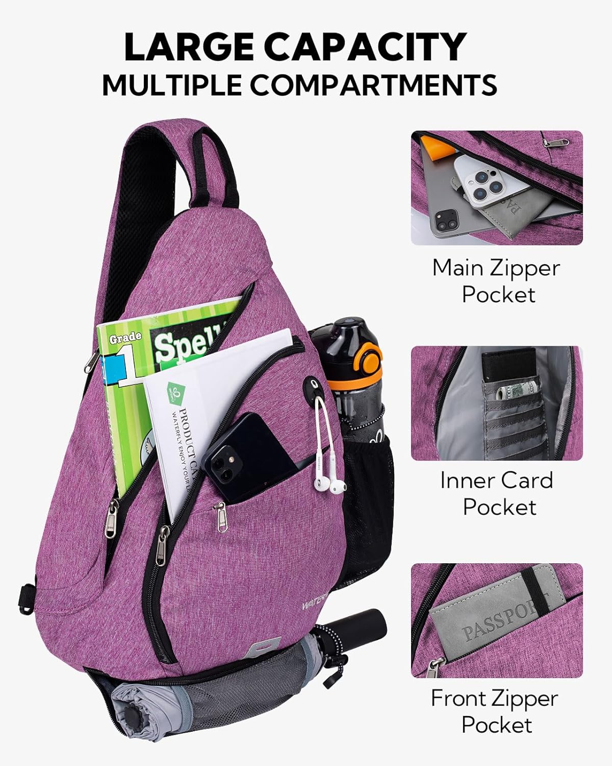 WATERFLY Large Crossbody Sling Bag: Over Shoulder Backpack Daypack Casual Cross Chest Side Pack