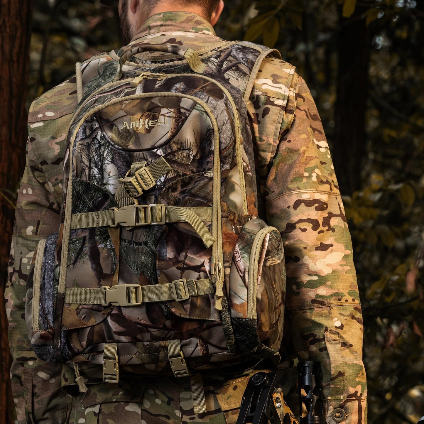 AMHEH Hunting Backpack for Men Outdoor Waterproof 31L Durable Hunting Day Pack for Bow Rifle Forest Camo