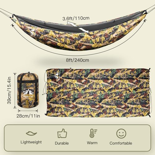 Night Cat Hammock Underquilts Sleeping Bag Single Insulated Under Blanket for Hammock 4 Seasons Lightweight Soft Warm 5-20℃ 8x3.6ft Camouflage