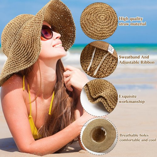 Bonuci 6 Pcs Floppy Paper Straw Sun Hat Foldable Packable Wide Brim Scarecrow Hat Breathable Crochet Bucket Beach Hat(Khaki, Beige,Classic)
