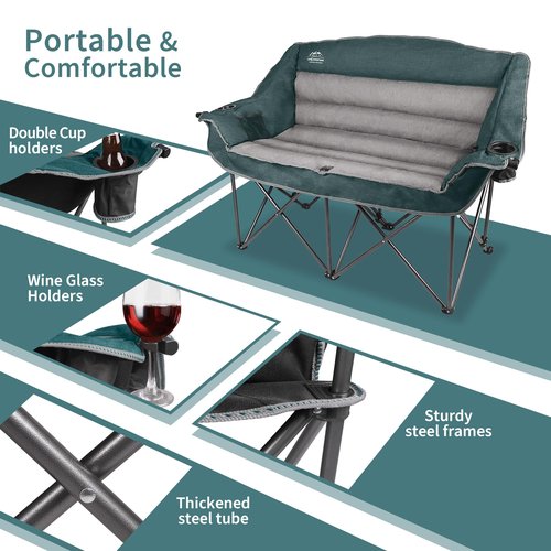 LANMOUNTAIN Fully Padded Folding Double Camping Chairs,Comfy Oversized Loveseat Lawn Chair w/Wine Glass Holder,Cup Holder,Heavy Duty Outdoor Portable Camp Couch Support 600 Lbs,Dark Green