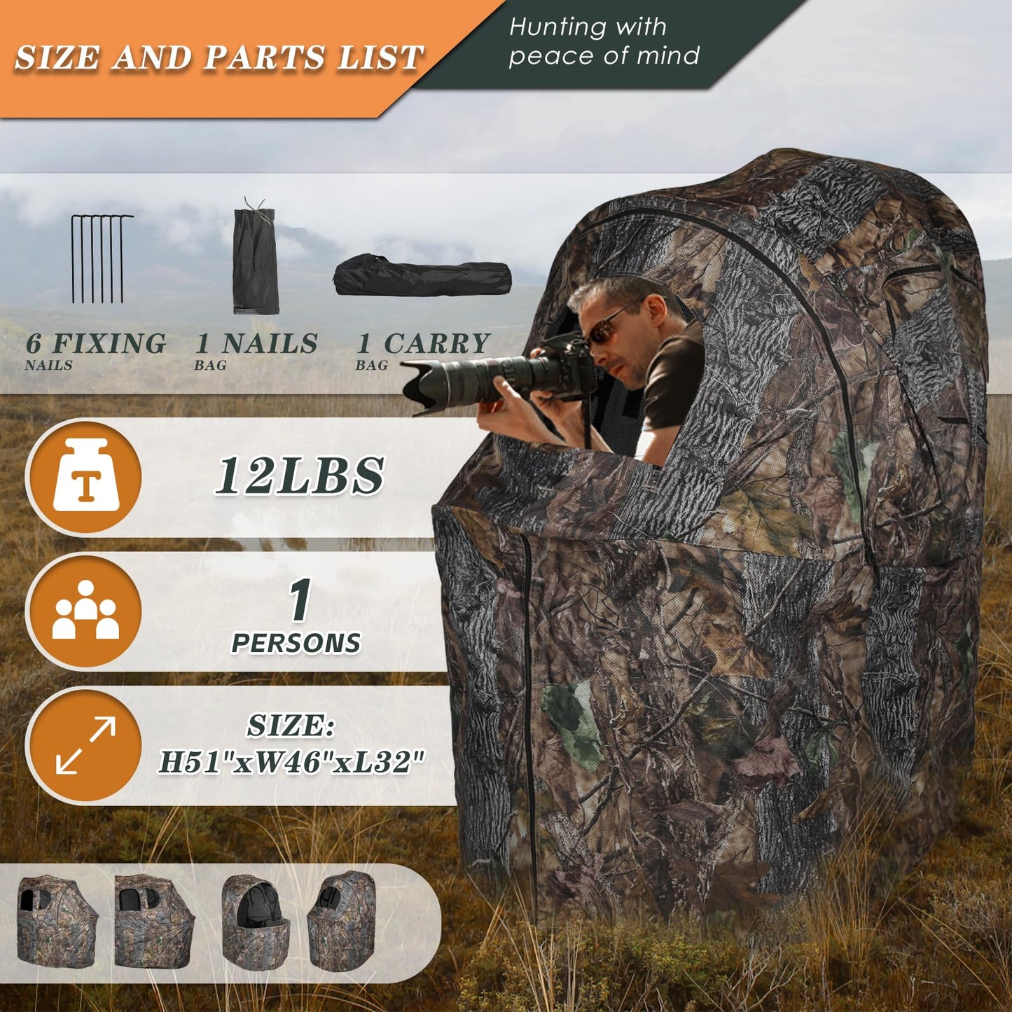 FUNHORUN Hunting Chair Blind, See Through Ground Blind for Hunting, Portable 1 Person Camouflage Chair Tent with Carrying Bag