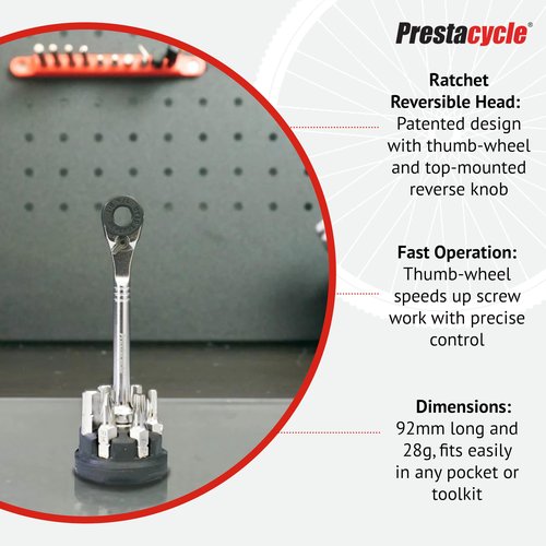 Prestacycle Prestaratchet Micro Pocket Ratchet Kit with (6) S2 Bits and Round Holder Stand – Compact 1/4" Hex Ratchet Tool, Reversible Thumb-Wheel, Heavy-Duty 40Nm Torque