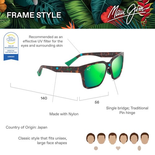 Maui Jim Punikai Square Sunglasses, Matte Dark Havana/Mauigreen Polarized, Large